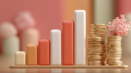 3d illustration of stack of coins with red and orange bar graphの素材