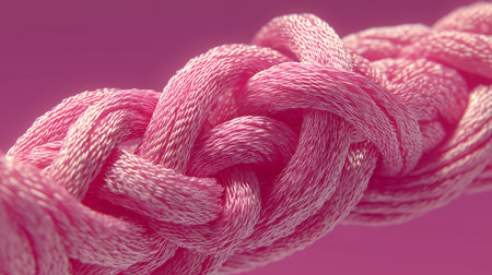 Pink braided rope on a pink background. Close-up.の素材