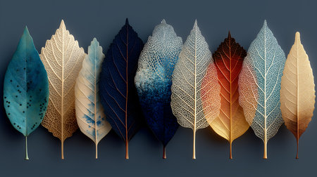 Autumn leaves on dark blue background. 3d render illustration.の素材