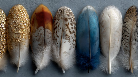 A collection of colorful feathers on a gray background. Selective focus.の素材