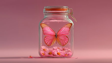 Butterfly in a glass jar with flowers on a pink backgroundの素材