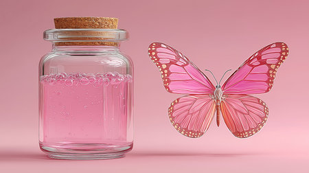 Butterfly in a glass bottle with pink liquid on a pink backgroundの素材