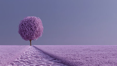Purple tree on lavender field. 3D rendering illustration.の素材