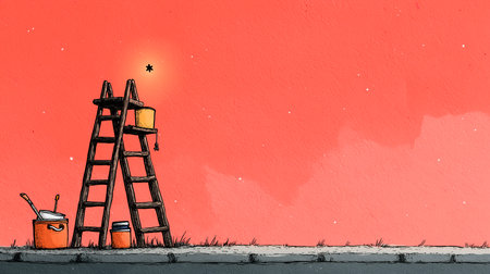 drawing of a ladder and pots on the wall with a lampの素材