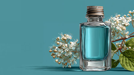 3D render of a bottle of perfume with flowers on a blue backgroundの素材