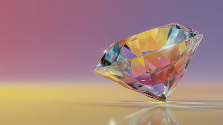 3d rendering of a diamond on a colorful background with reflection.の素材