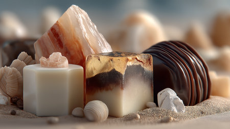 Composition with soap bars and seashells on sand, closeupの素材