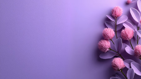 Flower composition on purple background. Flat lay, top view, copy spaceの素材