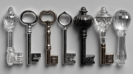 Set of different antique keys on a gray background. Top view.の素材