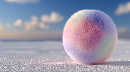 3d rendering of a fluffy ball in the snow on a background of blue skyの素材