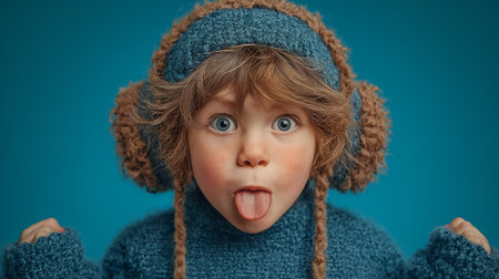 Surprised little girl in winter hat and sweater on blue backgroundの素材