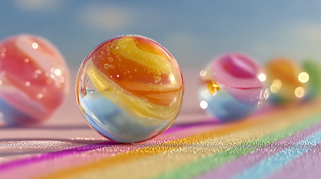 3d render of crystal ball with reflection on rainbow background. Abstract 3d illustration.の素材