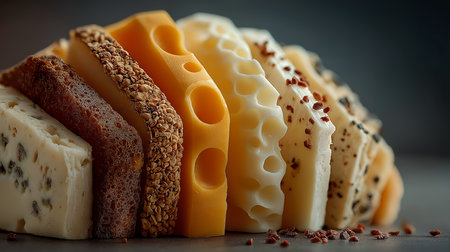 various types of cheese with sesame seeds on a dark backgroundの素材