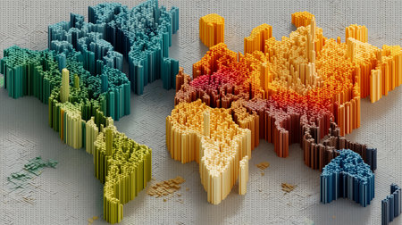 3d illustration of abstract geometric background with cubes in the form of a world mapの素材