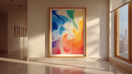 Modern art gallery interior with abstract painting on the wall. 3D Renderingの素材