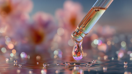 Pipette with drop of essential oil on a background of pink flowersの素材