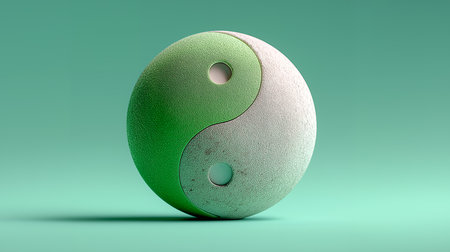 Ying yang symbol on green background. 3D illustration.の素材
