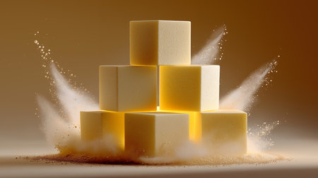 Abstract 3d rendering of golden cubes with splashes of water.の素材