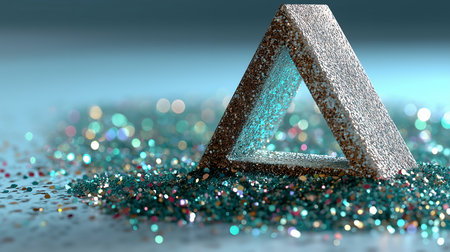 3d illustration of a metal triangle with glitter on a blue backgroundの素材