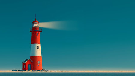 Red and white lighthouse on the seashore. 3d renderの素材