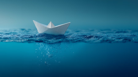 Paper boat floating in the sea. 3d illustration. Business conceptの素材