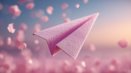Paper plane flying in the blue sky with pink petals. 3d renderingの素材