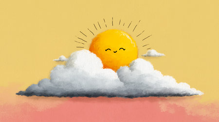 Cute cartoon sun in the clouds on a pastel background.の素材