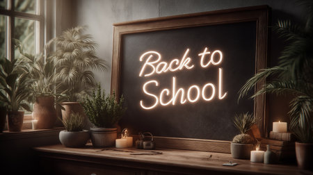 Blank chalkboard with back to school lettering on wooden table in cafeの素材
