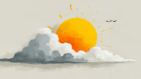 Illustration of the sun, clouds and birds on a white backgroundの素材