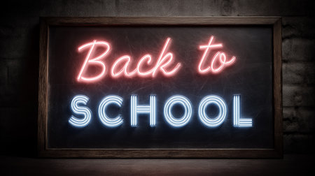 Back to school neon sign on blackboard in dark room. 3D renderingの素材