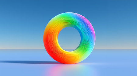 3d rendering of a rainbow ring against a blue sky background with copy spaceの素材