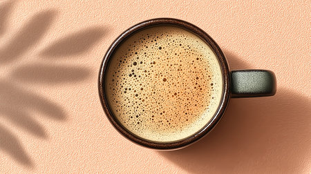 Top view of a cup of coffee on a beige background.の素材