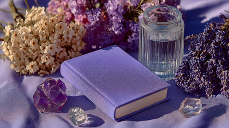 Lavender, perfume, notebook and glass of water on a blue backgroundの素材