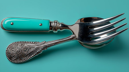 Stainless steel spoon and fork on a turquoise backgroundの素材