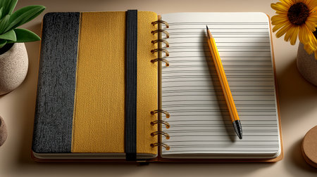 Notebook and pencil on a brown background. 3d rendering.の素材