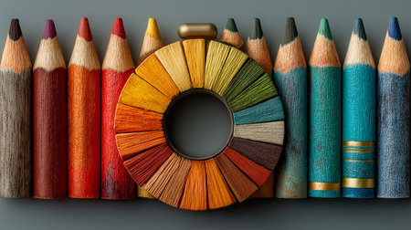 Colorful wooden pencils in a row on grey background, top viewの素材