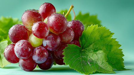 Bunch of red grapes with green leaves on a blue background.の素材