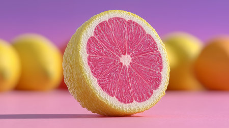 Grapefruit on a pink background with yellow and orange circles.の素材