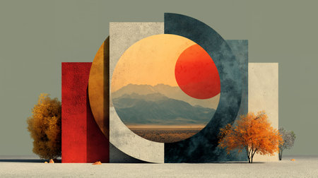 Autumn landscape with big letter D in grunge textured styleの素材