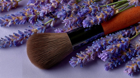 Makeup brushes and lavender flowers on a purple background close-upの素材