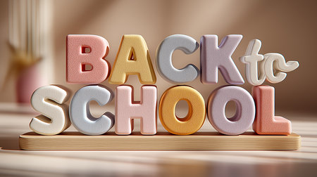 Back to school text on wooden background. 3D illustration. Copy space.の素材