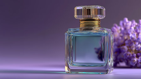 Perfume bottle on purple background. 3D rendering illustration.の素材