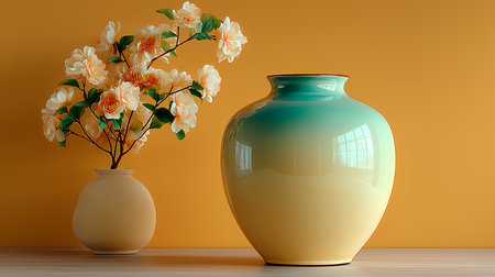 Vase and vase with flowers on a wooden table. 3d renderingの素材