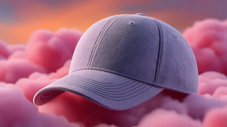 Baseball cap on pink clouds background. 3d render illustration.の素材