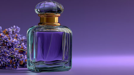 Perfume bottle with lavender flowers on purple background. 3D renderingの素材