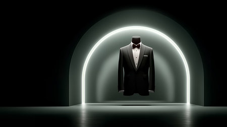 Elegant black tuxedo in dark room with neon light 3D renderingの素材