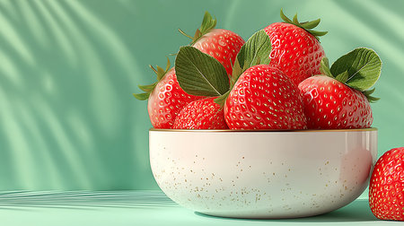 Strawberries in a bowl on a green background. 3d renderingの素材