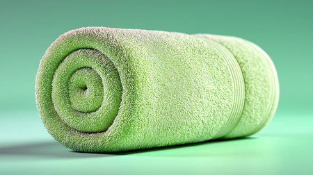 Rolled green towel on a green background. 3d illustration.の素材