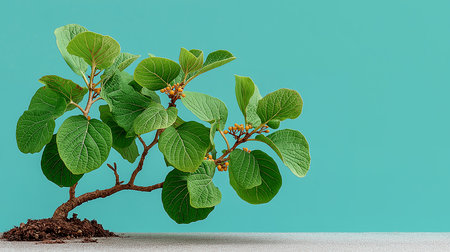 Bonsai tree with leaves and flowers on a turquoise backgroundの素材