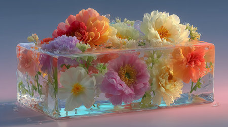 Colorful flowers in ice cube on blue background. 3d renderの素材